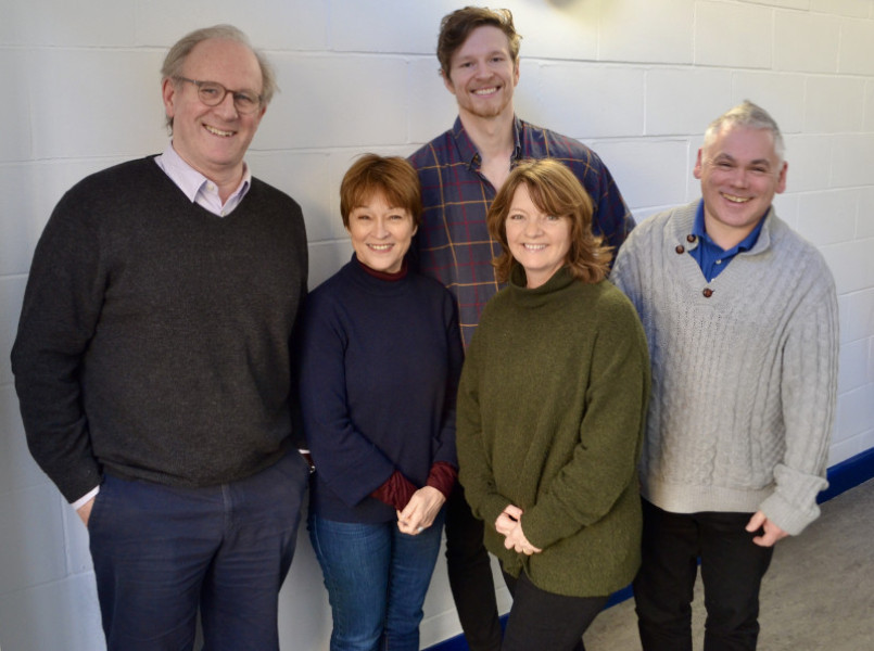 Peter Davison (The Doctor), Janet Fielding (Tegan), George Watkins (Marc), Sarah Sutton (Nyssa) and Matthew Waterhouse (Adric) (c) Big Finish